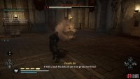 After throwing Charles into two braziers, he’ll begin to extinguish the fires by throwing rocks at them.