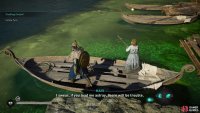 Follow Tyra to the boat and wait for her to row you over the other side of the river.