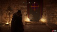 The wealth chest is in a hidden room behind the tapestry.