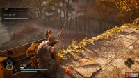 Shoot an arrow between the two guards beneath you, but be ready to kill one with an assassination if you killed all four near the wall with poison previously.