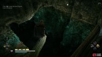 Jump into the water in the south of the room.