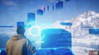 Direct the beam at the unstable structure when it reaches the centre so that you can reach the next projector further up.