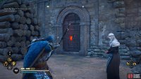 Shoot the door lock on the western side of the church to enter.