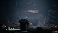 Take the rock from the suspended platform and place it on the platform beneath it.