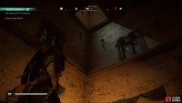 Climb up the wall through the hole in the ceiling.