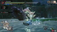 Mizutsune gets up and raises its rear foreleg high up.