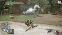 Tobi pulls its head back and lifts one of its forelegs off the ground.