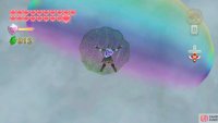 Fly towards the small island with the rainbow above it, then land there.