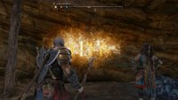 Freya or Atreus can interact with the word to reveal the legendary chest behind the wall.