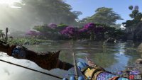Look for the purple trees on the island, distinguishing it from the others.