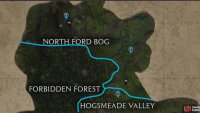 A map overview of North Ford Bog and Hogsmeade Valley Balloons in Hogwarts Legacy.