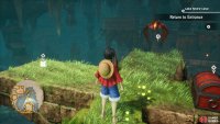 Grapple and climb up the stone pillars in the lake. The top of the middle pillar contains a chest and Nami’s cube.