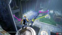 Instruction 7: The pink lines indicate the path you need to take the Koboh Grinder, while the yellow is what you need to doafter you have a lit line of gunpowder. Once the orb is in place, get your grinder out and cross the newly created bridge to the end
