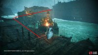 From the Corrupted Battle Flag with the alligator. Climb the ladder onto the boat on the opposite side. Follow the pier to the right.