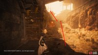 After the first boss, follow the path until you enter the small building. When you exit it, follow the path left, and climb to the top of the scaffolding.