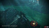 Follow that to the end and climb on top of the capsized boat. The shell will be on a small wooden platform underneath it.
