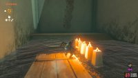 and jump on the raft until you reach the lit braziers, then strike them to light your torch.