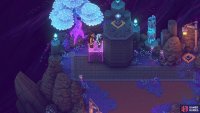 Use the purple block to reach the button on the ledge.