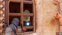 Equip your throwing knives and aim them through the window until the red hit indicator pops up. Throw one to break open the window on the other side of the house.