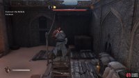 Grab an explosive pot and use the shelf to get onto the rope.