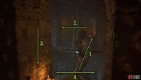 Head across the beam, climb down the ladder to the left then follow the path right for another ladder to go down.