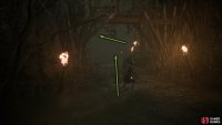 Follow the linear path until you reach a fallen-over tree near a large bonfire.