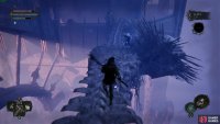 Take the Umbral path across the gap and soul-flay the object on its shoulders to get the Skyrest Bridge key in Lords of the Fallen.