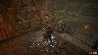 Head across the wooden beam to the platform at the back.