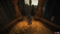 Now head down the stairs to find a broken pathway with a corpse on it.