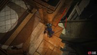 At the end of the broken path, walk along the ledge and drop to the stairs below.