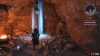 Climb the ledges behind the northwest brazier, use Lucanis’ power to create a bridge, and enter the northern cave.