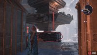 Go through the other side, use Davrin’s Griffon to knock the planks down, and shoot the padlock on the ladder.