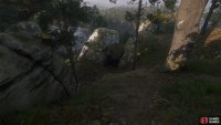 Follow a trail east of the woodcutter’s clearing to find a boulder wedged between two rocks,