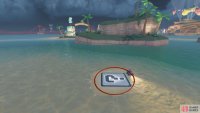 Go across the water to find the panel on a patch of sand to the right of the island.
