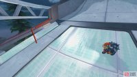 Follow the roof around and use the small ramp to land on the metal plate.