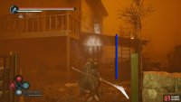 Go around the burning house, climb over the pallets to get to the other side, and climb the ladder.