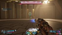 Look for the green pylons and use the Locust containers to make him vulnerable.