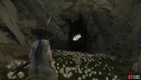 Pass through a cave beyond a cleft you have to squeeze through,