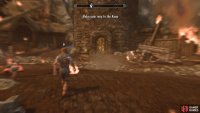 When you gain control of your character, enter the nearby keep to escape the fire.